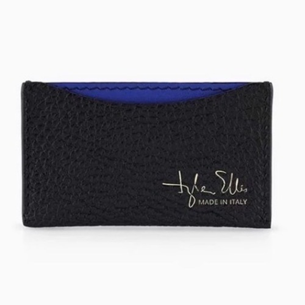 Tyler Ellis Wynn Credit Card Holder Black Raven Pebbled Leather Handmade Italy‎